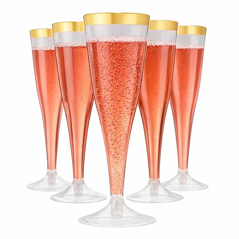 Oojami 100 Plastic Classic Champagne Disposable Flutes for Parties Plastic cups Wedding Party Toasting Cocktail Cups Bulk Party Pack (Gold Rim) - Image 1